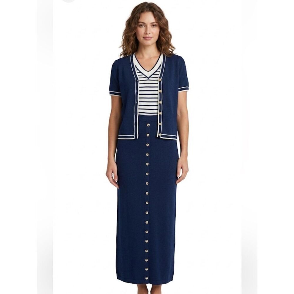 St.John knits Navy Blue and cream Button-Down Maxi dress with cardigan